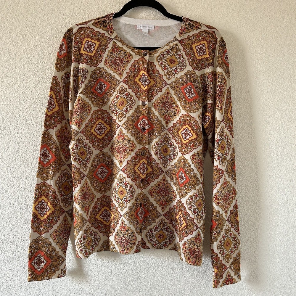 CHARTER CLUB Floral Diamond Print Button Front Cardigan Women Sz Large