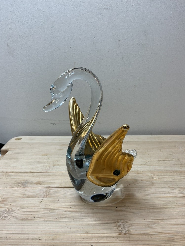 Vintage Glass Swan Figurine with Brass Wings Elegant Home Decor