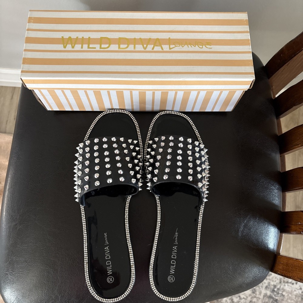 Women's Size 10 Black Sandals with Silver Studs Slip On Style