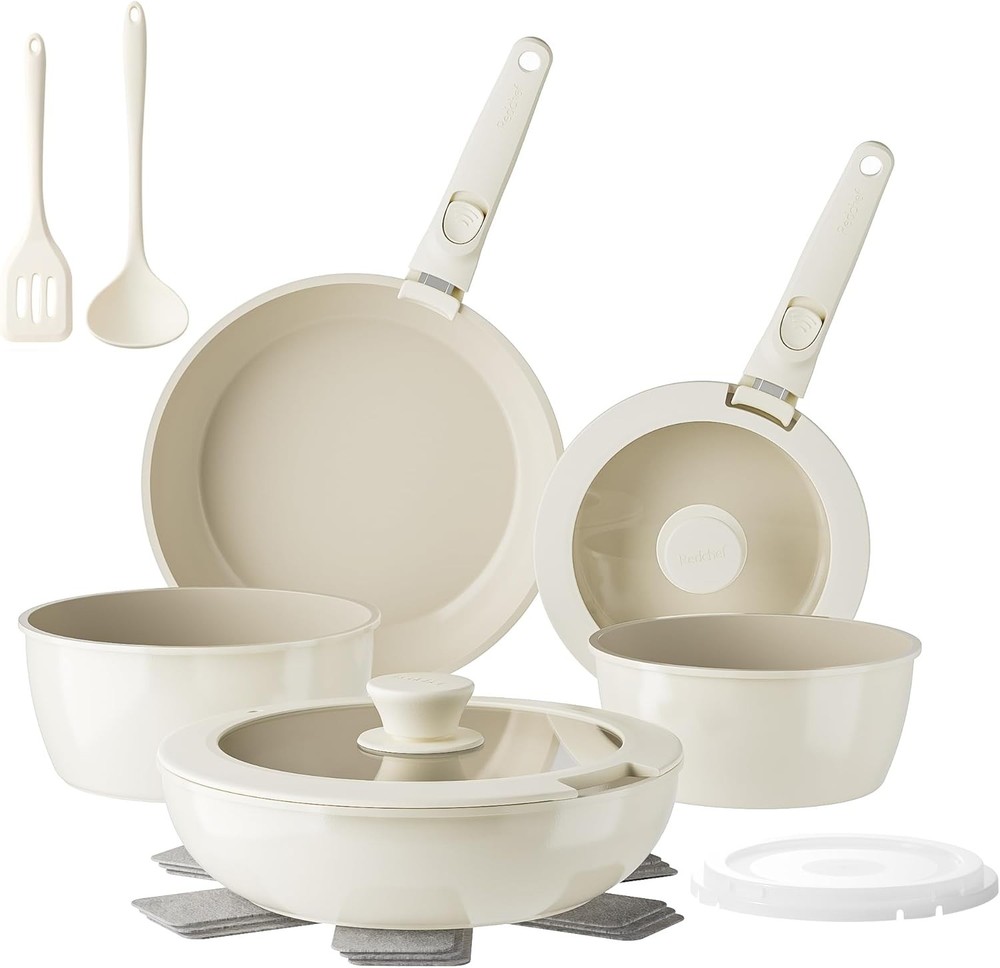 Redchef Pans and Pots Set Nonstick, Ceramic Cookware 16 Pcs, Beige White
