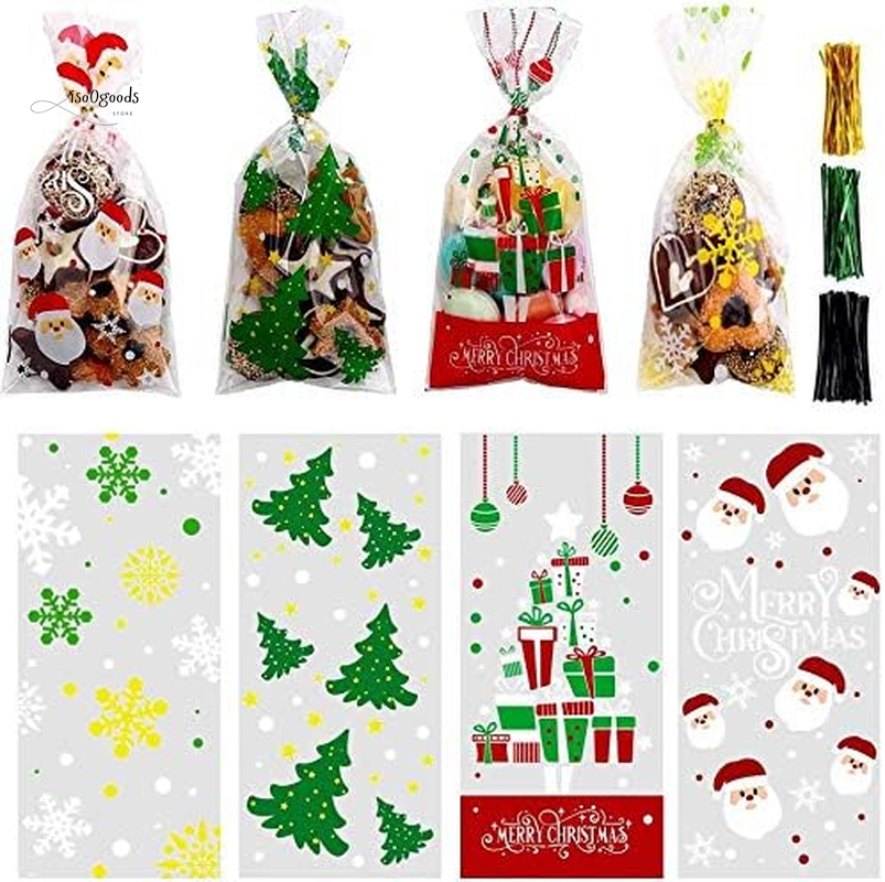 200 Pcs Christmas Cellophane Treat Bags Xmas Clear Cello Gift Bags Candy Goodies