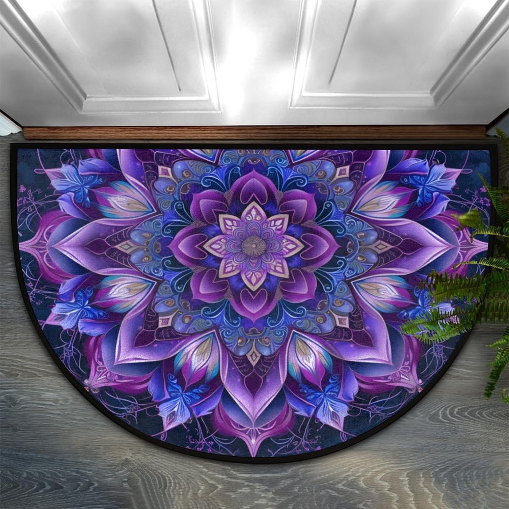 Purple Mandala Half Round Door Mat Indoor Entrance Boho Flower Washable Half ...