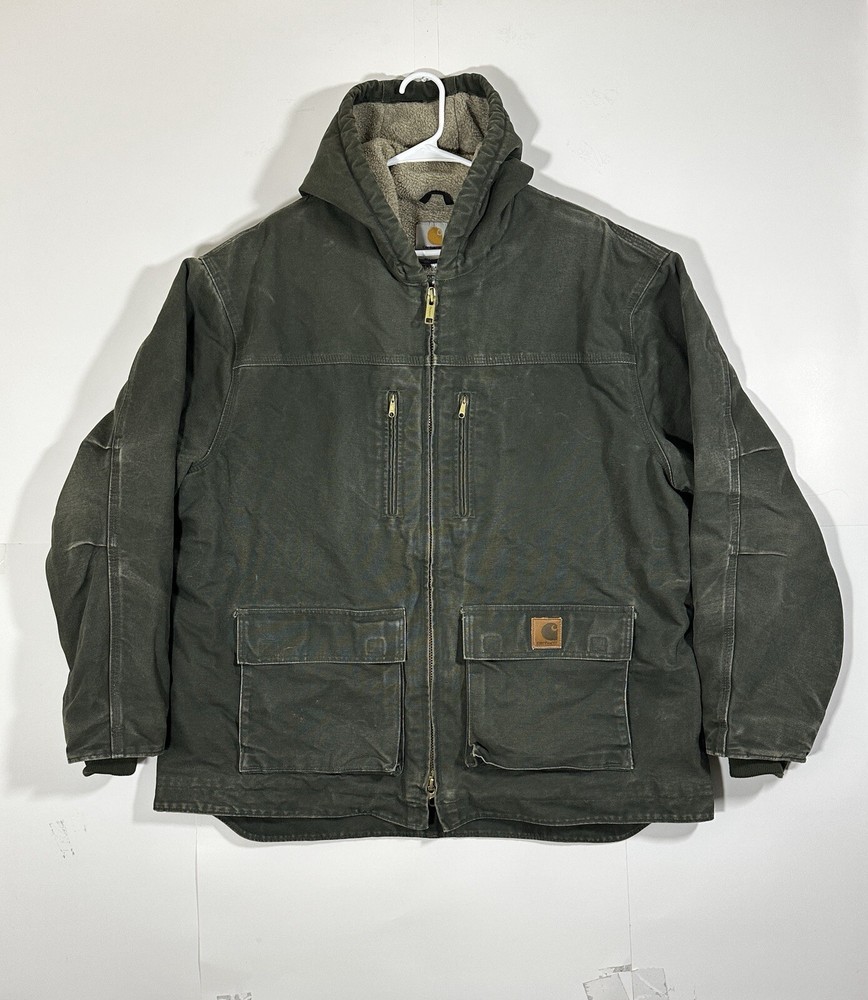 Vintage Carhartt C95 MOS Green Sherpa Lined Hooded Jacket Men XL Rare Chore Coat