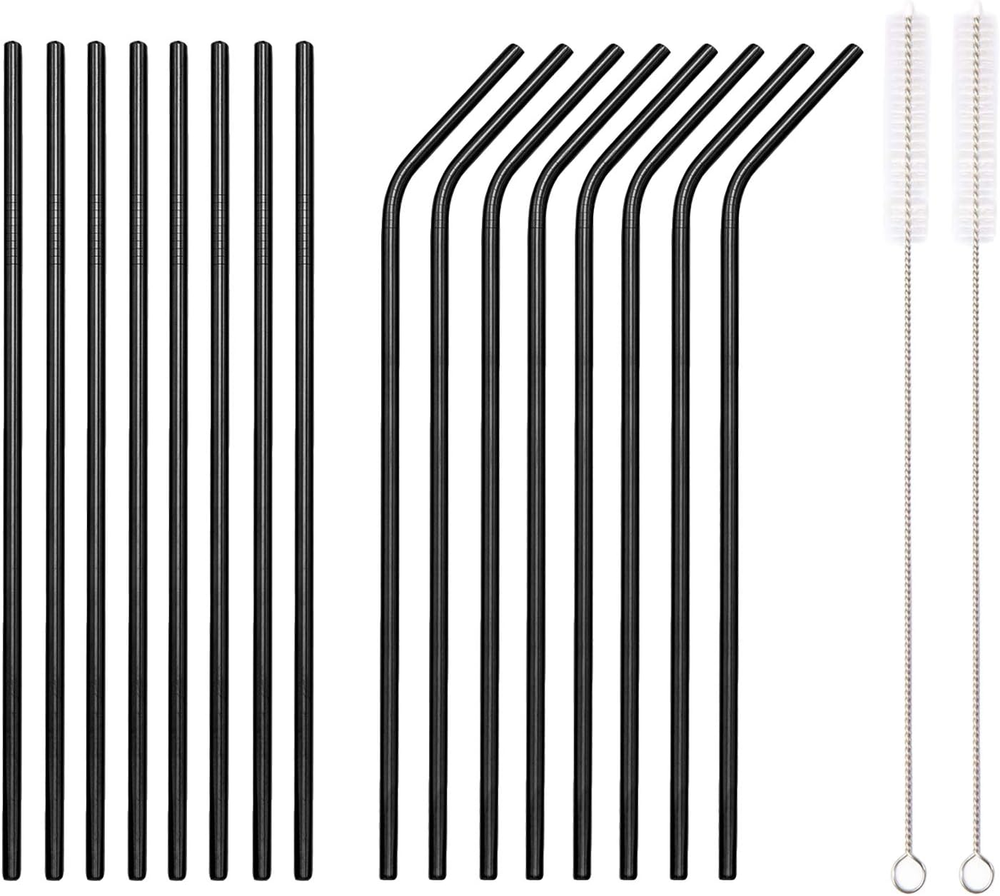 18-Piece Black Stainless Steel Reusable Straws with Cleaning Brush