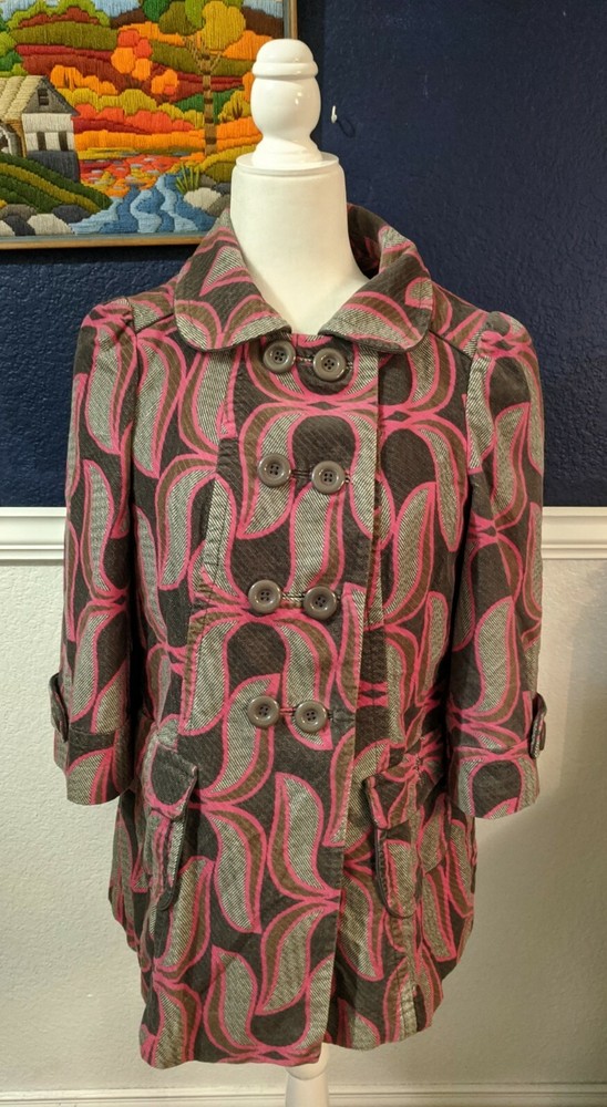 Elevenses Anthropologie Geometric Pink Gray Retro Coat Double Breasted 8 Medium-image