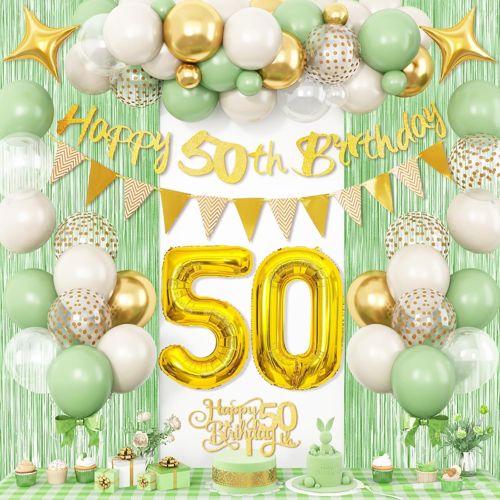 50Th Birthday Decorations for Women Men, Sage Green Gold 50Th Birthday Balloons
