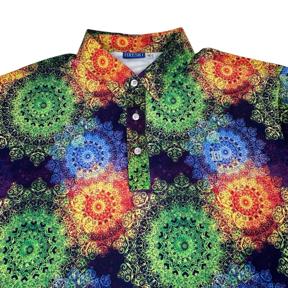 Hreski Multicolor Mandala Psychedelic Short Sleeve Golf Polo Shirt Mens XL