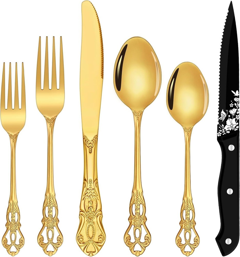 Gold Silverware Set, Ollex 48-Piece Retro Royal Gold Flatware Set for 8