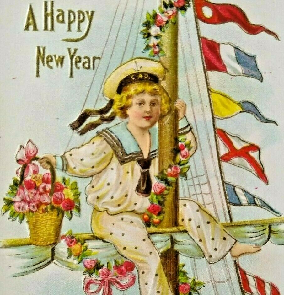 Vintage Navy Sailor Boy CAD Hat Cap Embossed Flags Antique New Years Postcard-image