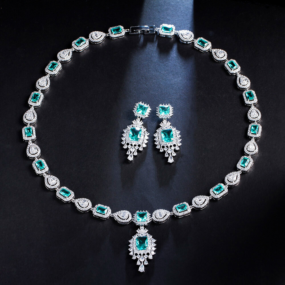 Charming Light Green CZ Bridal Long Square Drop Wedding Necklace Earrings Set