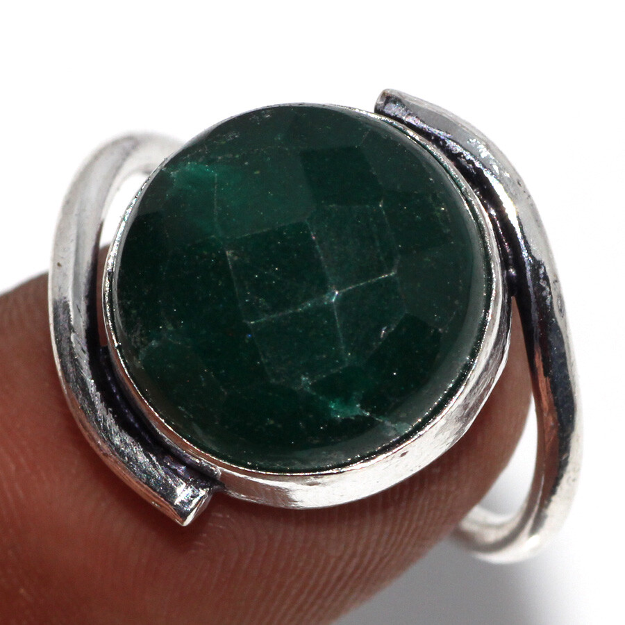 925 Silver Plated Handmade Emerald Simulated Ethnic Ring Size US 7.5 Jewelry