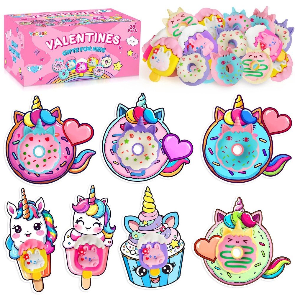 28-Pack 3D Unicorn Valentine Erasers Cute Kids Gift Set for Classmates  