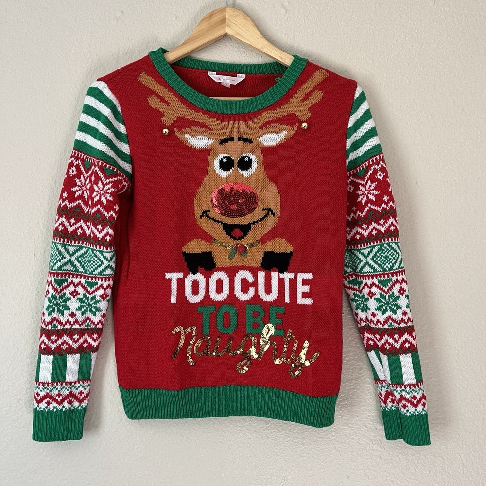 Christmas Knit Sweater Too Cute To Be Naughty Reindeer Size Small Holiday Party