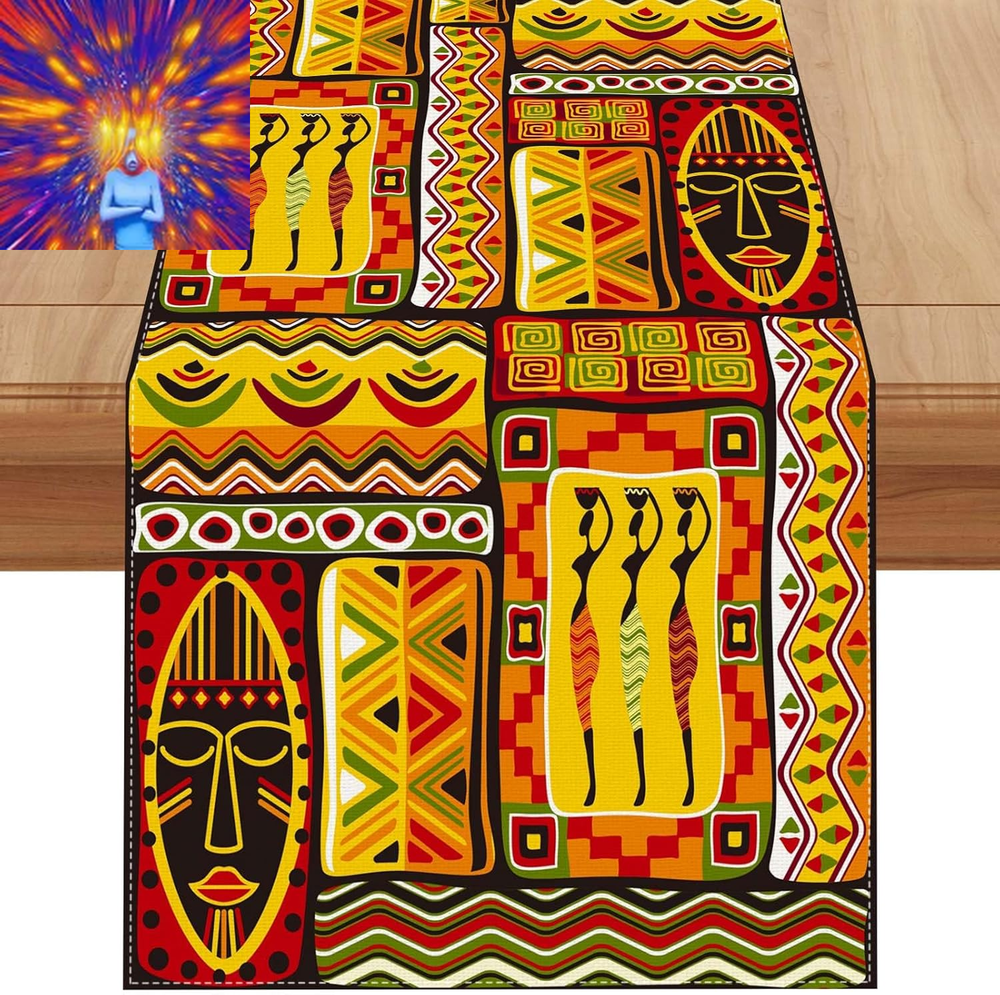 Linen African Totems Table Runner 108 Inches Long African American Kwanzaa Black