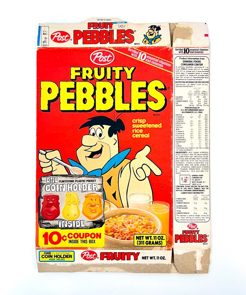 Vintage 1981 Post Fruity Pebbles Cereal Box Coin Holder Toy Premium Flintstones