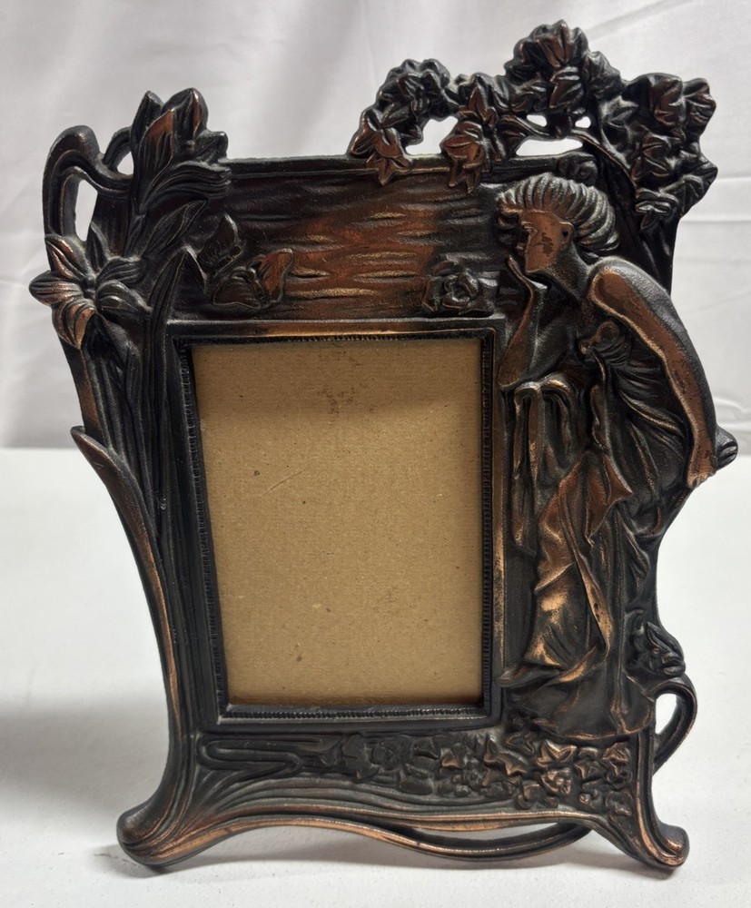 Vintage Art Nouveau Cast Iron 4x6 Photo Picture Frame Copper Wash Grecian Woman