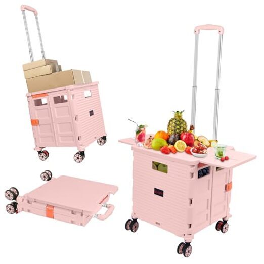 Foldable Utility Cart Collapsible Portable Tool Cart with Wheels Tote Pink Pro