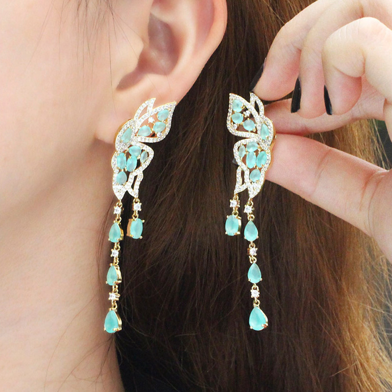 Classic Women Gold Plated Blue Zircon Butterfly Long Tassel Fringe Drop Earrings