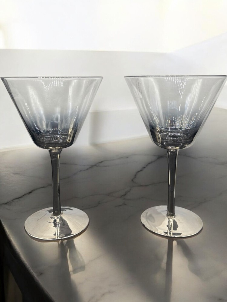 2 Faded Silver Martini Glasses - 7 Inch Elegant Barware Set