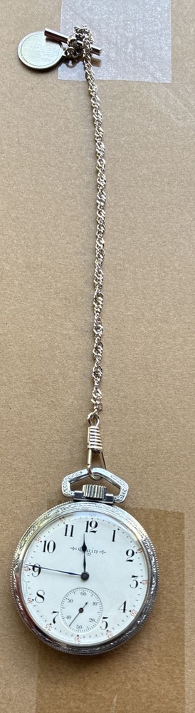 Vintage Elgin Open Face Base Metal Pocket Watch with Chain - Working Condition