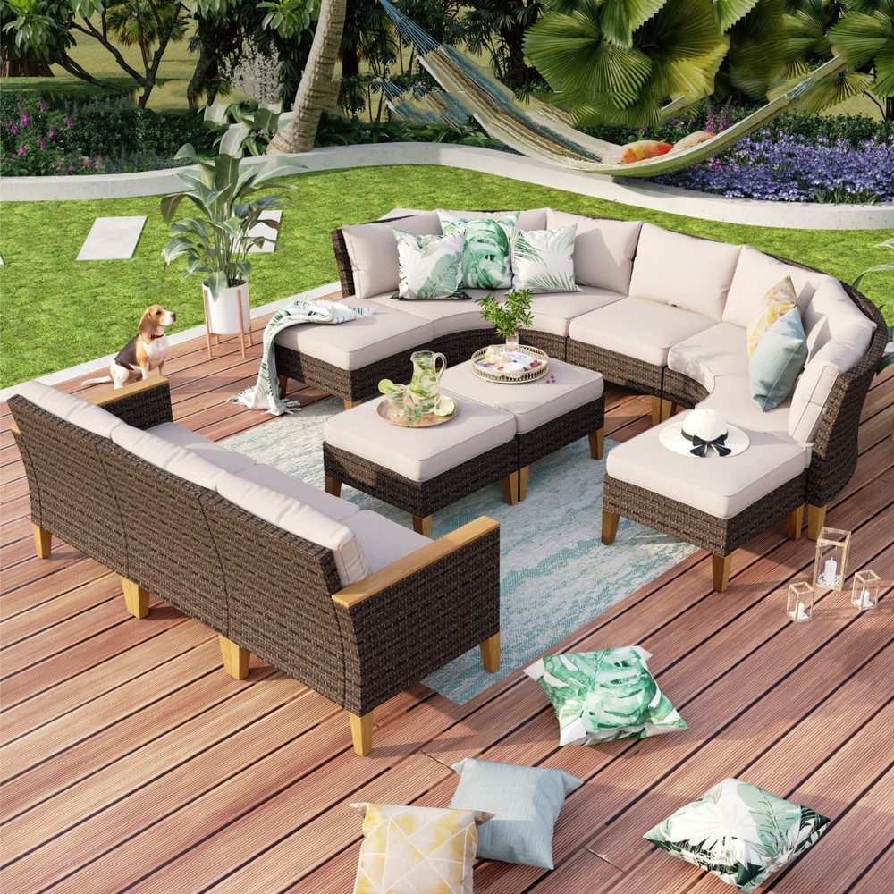 Patio Furniture Set Outdoor Sectional Sofa Rattan Wicker Sofa Set W/ Table