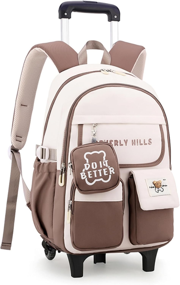 Color-Blocking Rolling Backpack for Girls,Kawaii School Bag with Wheels,Trolley