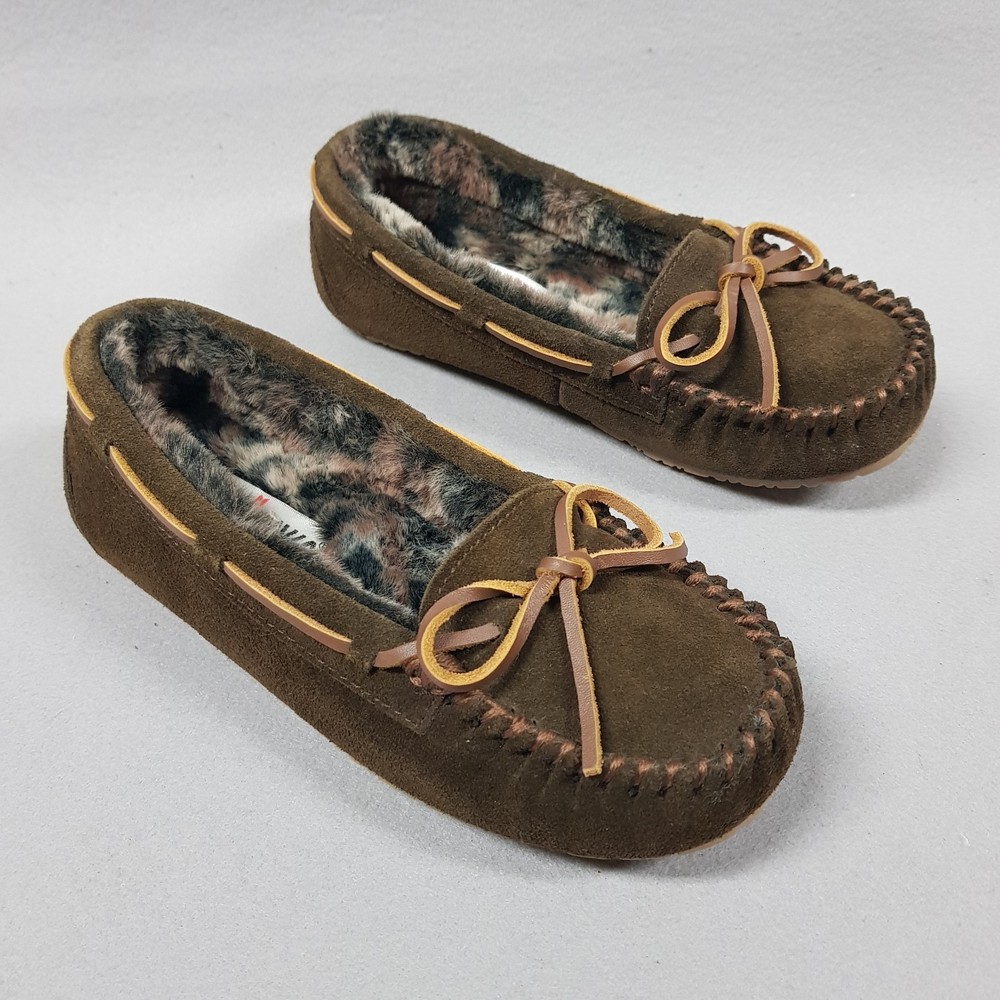 Minnetonka Slippers Women 5 Chocolate Brown Leather Fur Lined Britt Trapper II