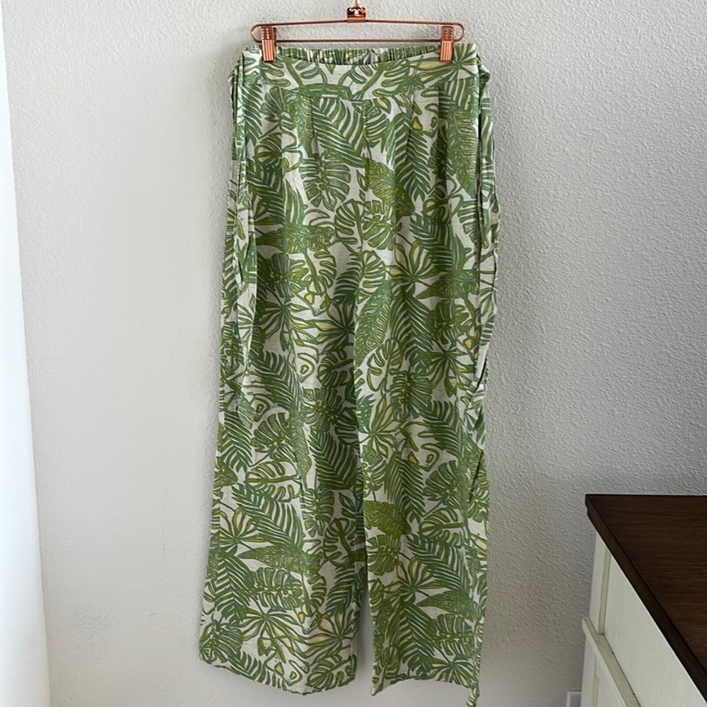 Modern Aloha Palm Linen Cotton Rayon Wide Leg Elastic Waist Pants Midnight Sky S