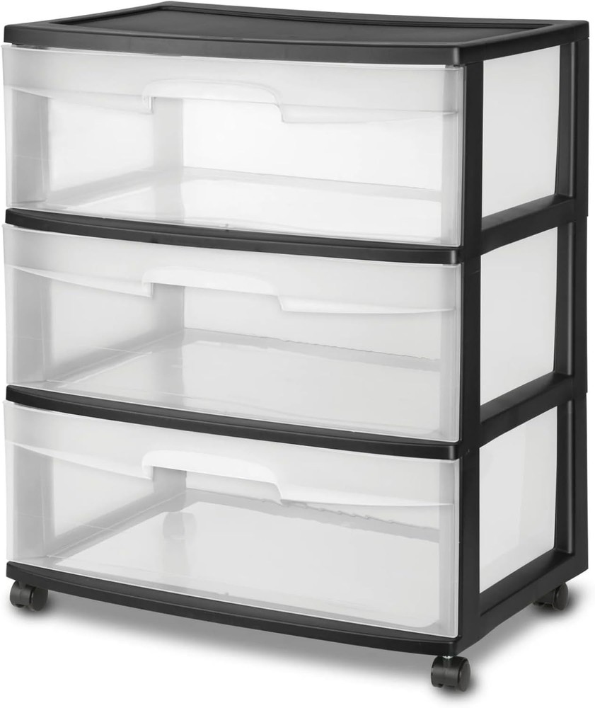 3-Drawer Wide Rolling Storage Cart in Black & Clear Design