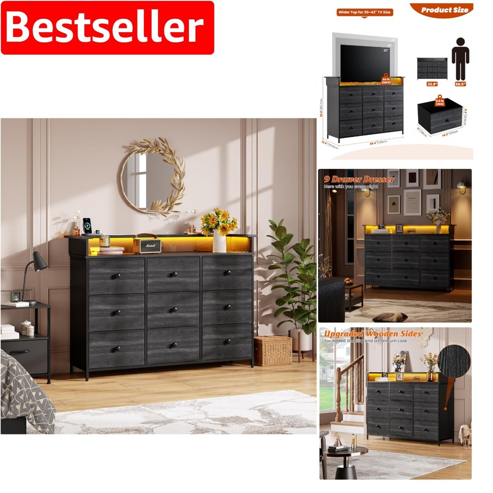 Modern 9-Drawer Dresser with Built-In Charging Station & LED Lighting for Stylish Bedrooms