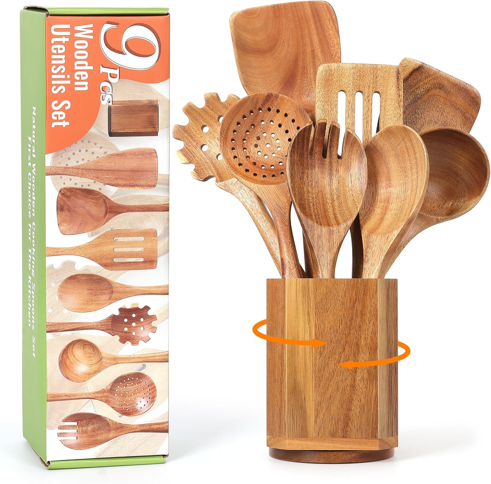Utensil Cooking Spoon Set with Holder 9 Pcs Wooden Spoons for Kitchen Nonstick