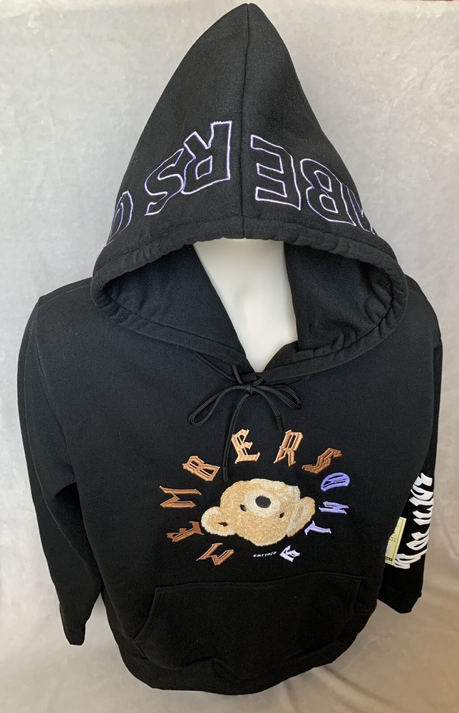 Members Only UPSIDE DOWN TEDDY FACE Mens Black Pullover Hoodie Sweatshirt Size L-image