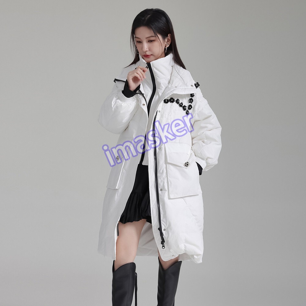 Design Bead Winter Duck Down Jacket Women's Mid Long Zipper Warm Coats Overcoats