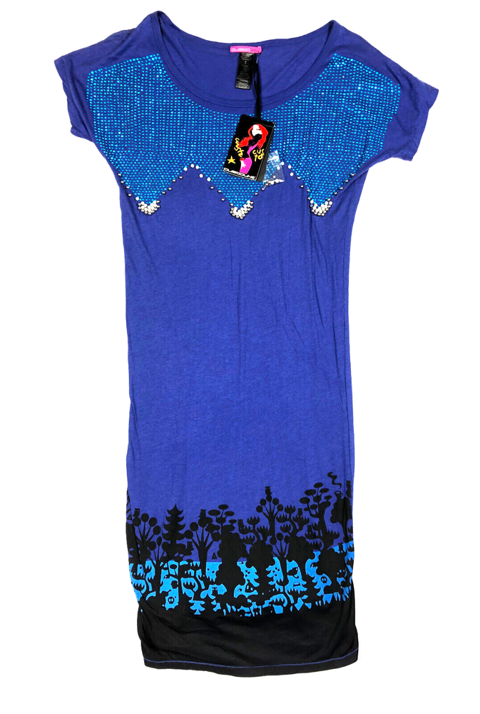 Custo Barcelona Dress Sz 1 Small Blue Black Forrect Print Sequins Short Slv NEW