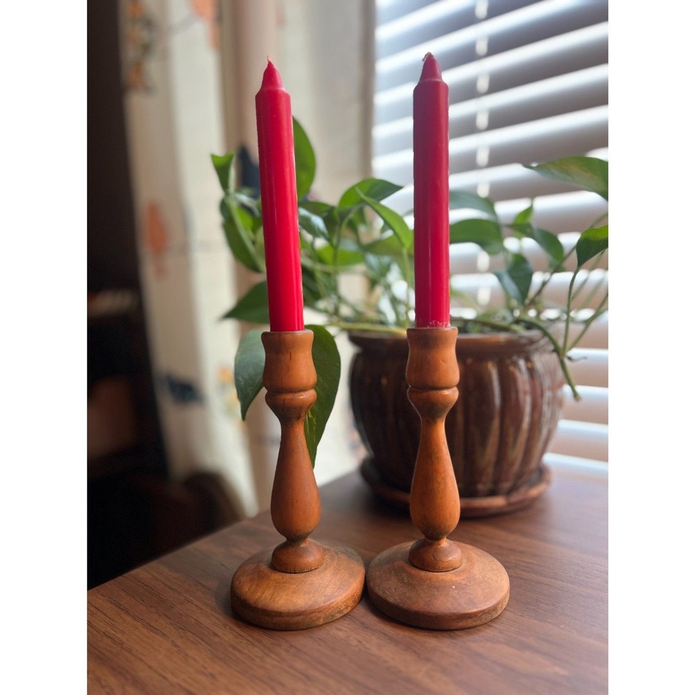 Pair of Vintage Turned Wood Candlestick Holders 6