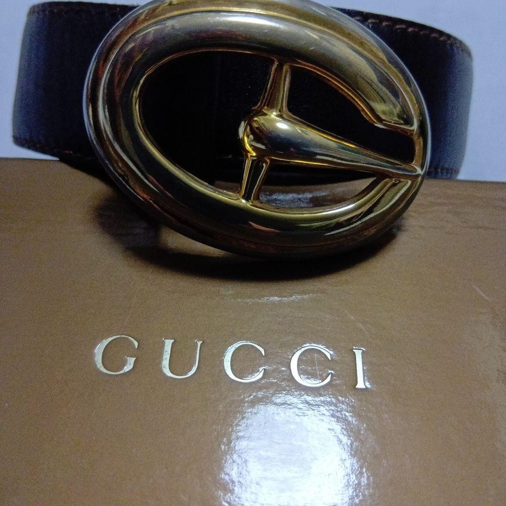 GUCCI buckle belt Leather Brown G Logo Gold Made in Italy Authentic With Box