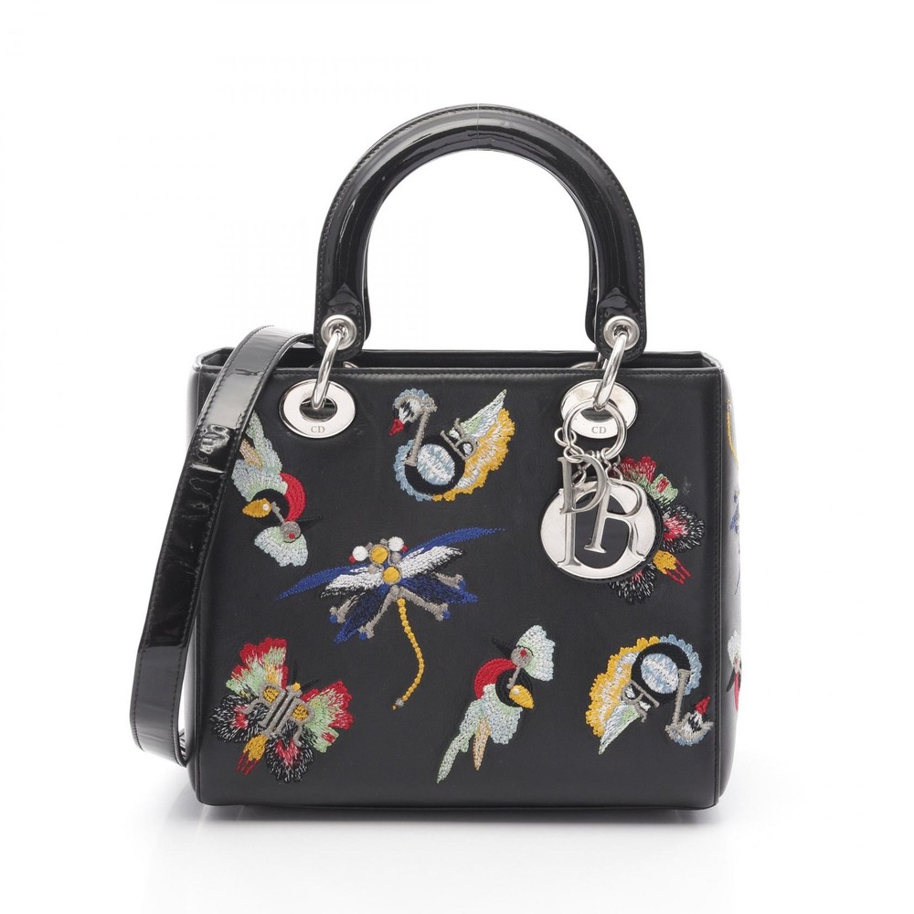 Christian Dior LADY DIOR Embroidery Crossbody Handbag patent calf Leather Black