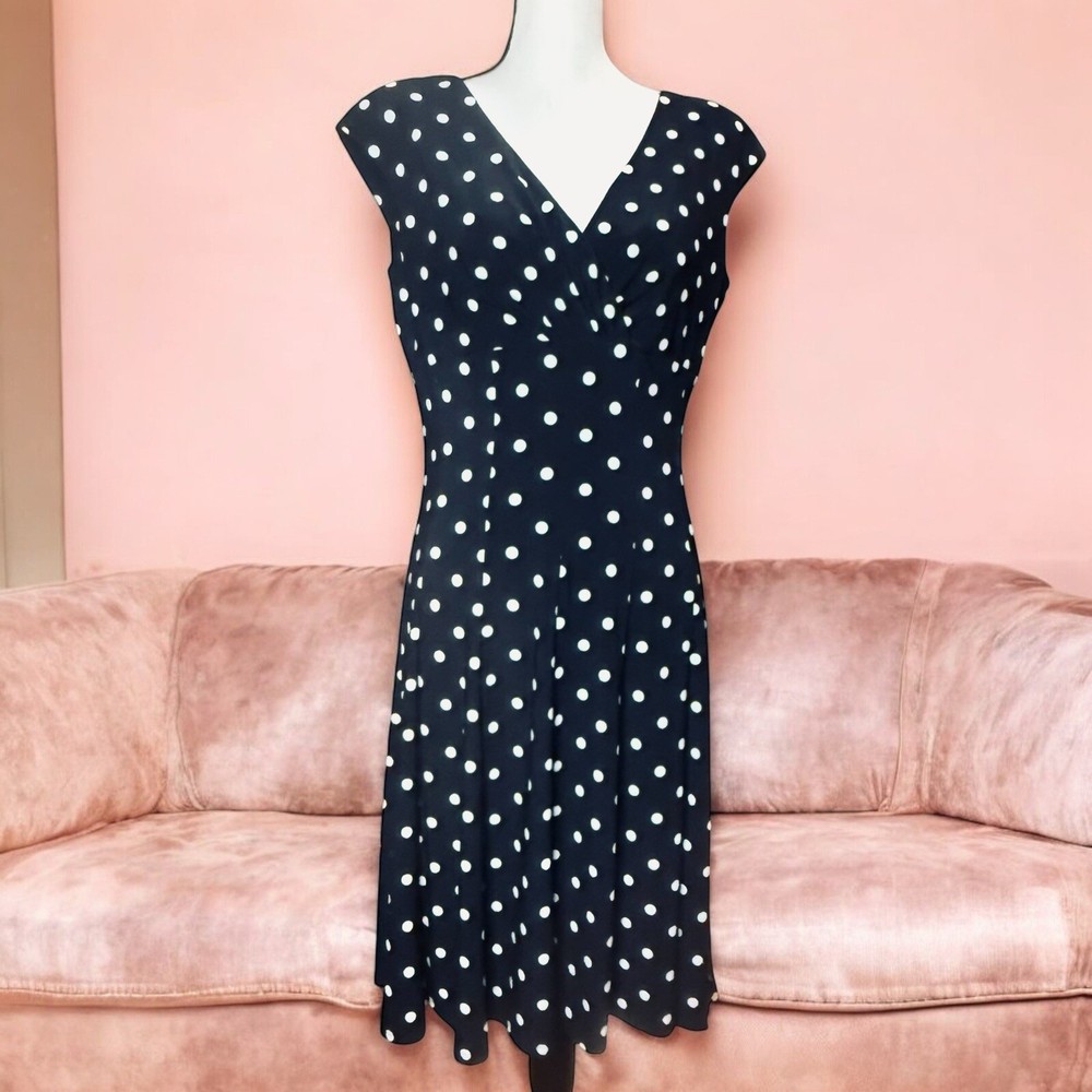 VTG LAUREN RALPH LAUREN Stretch Jersey Dress Black Ivory Polka Dot Size 10