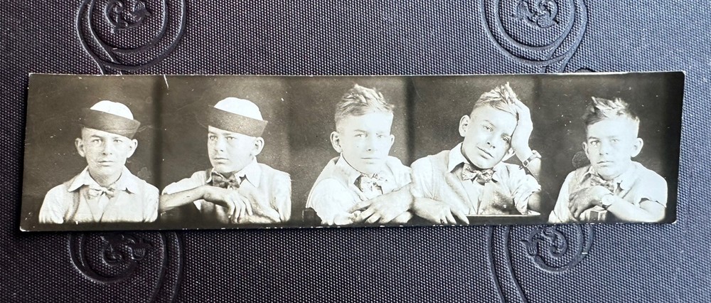 Antique 1920s/30s Photo Booth boy in hat black and white photo portrait