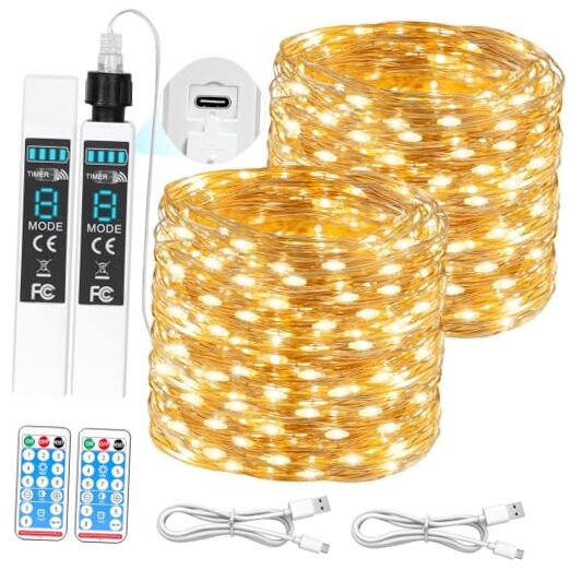 132FT Rechargeable Fairy Lights with 400 Warm White LEDs, 2x66FT Battery-Operated String Lights
