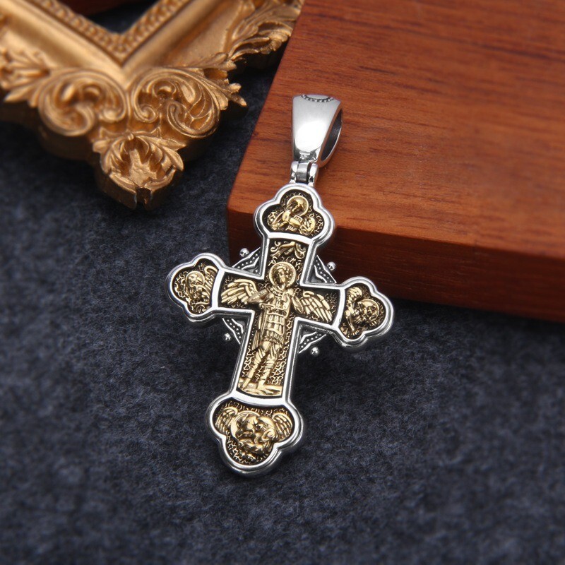 Solid 925 Sterling Silver Catholic Cross St. Michael Archangel Necklace Pendant