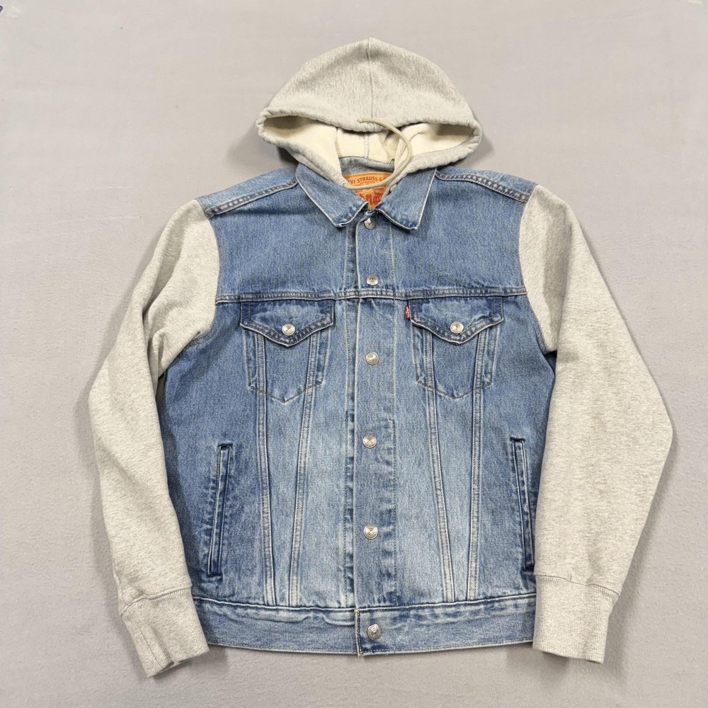 Levi's Jacket Mens Medium Blue Denim Hooded Trucker Sweatshirt Sleeves Varsity