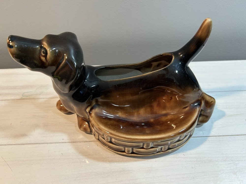 Vintage Brown Dachshund Weiner Dog Ceramic Planter Trinket Dish MCM Figurine