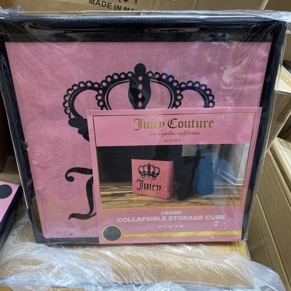 JUICY COUTURE  LIDDED COLLAPSIBLE STORAGE CUBE 15x15x15 CROWN PINK BLACK NEW