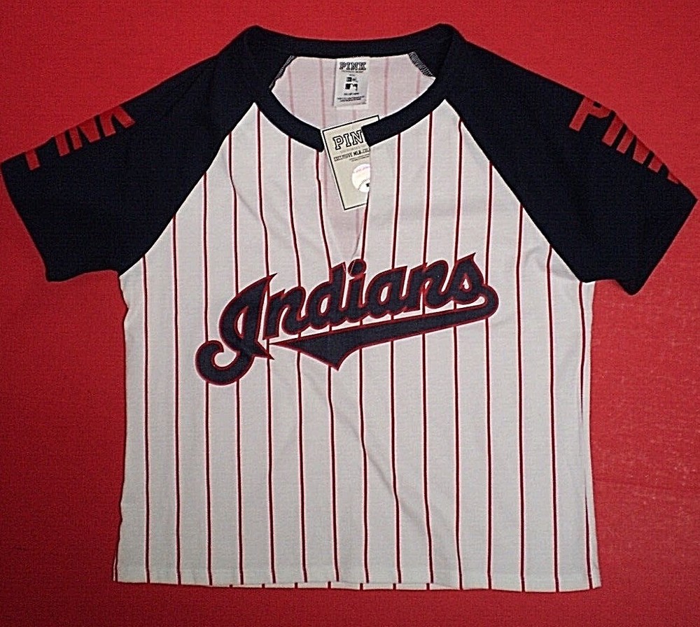 Victoria's Secret PINK CLEVELAND INDIANS V-NECK T-SHIRT Pinstripes Size XS, NWT!