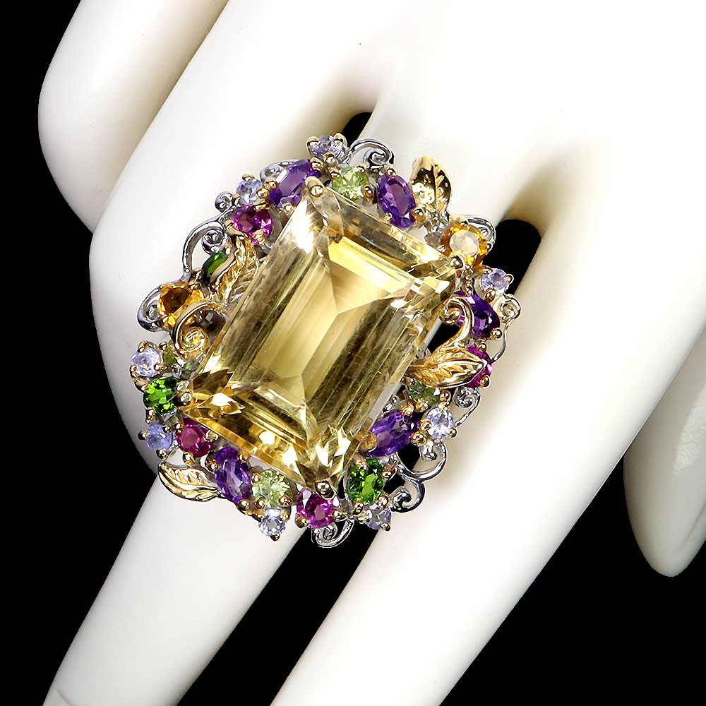 925 Sterling Silver Ring Octagon Citrine 52ct Peridot Handmade Gemstone Sz 7.5