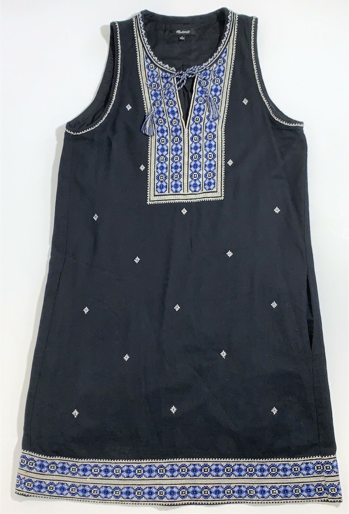 Madewell By JCREW Embroidered Suncoast True Black Navy Blue Shift Dress Womens 0