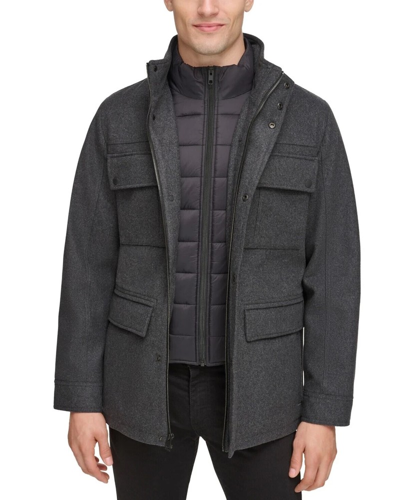 GUESS Mens Water-Repellent Wool Blend Zip-Out Jacket in Charcoal Size L
