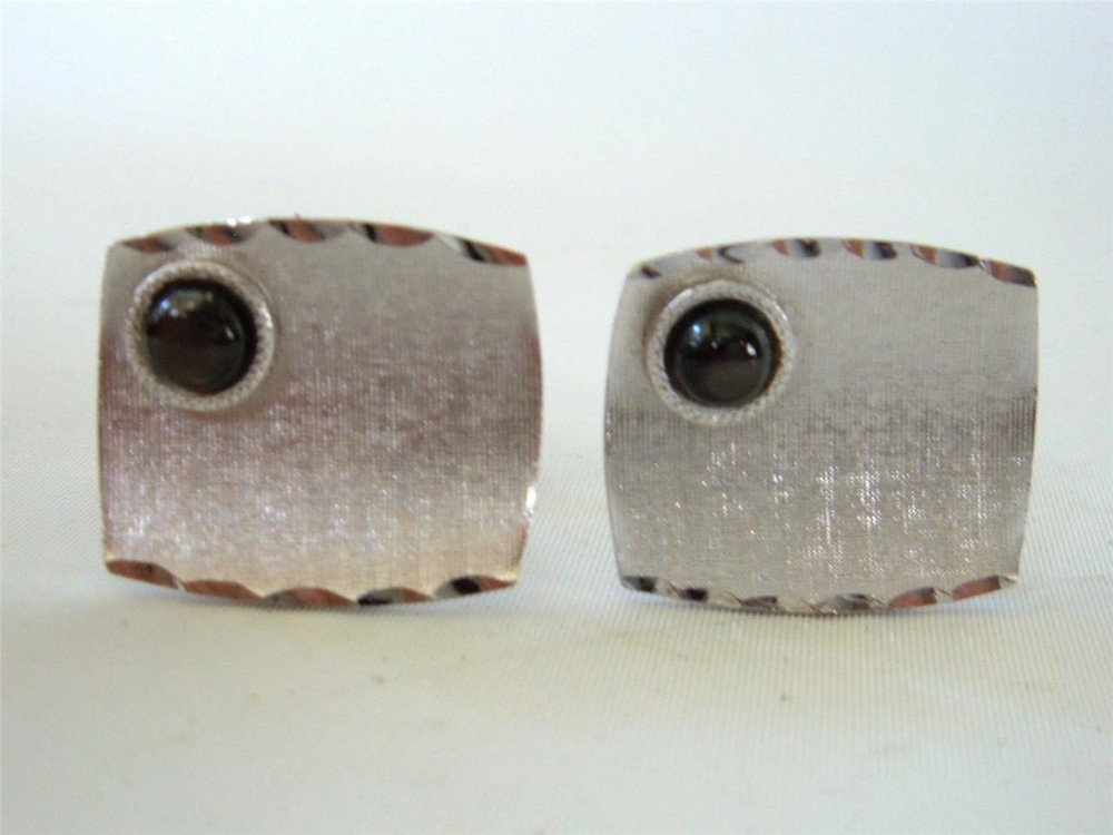 Vintage Mid Century Modern Sterling Silver Black Star Obsidian Cufflinks 16.7g