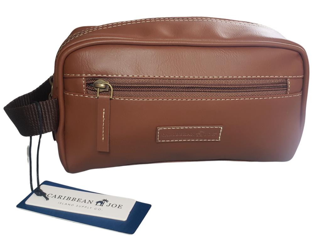 Caribbean Joe Men's Faux Leather Toiletry Tan Travel Shave Dopp Kit Bag New